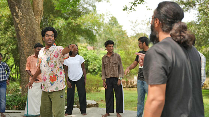 Ajithlal Sivalal (left, in floral shirt), theatre practitioner and founder of Space of Act Theatre Collective, in a choreography session with the fellows. Ajithlal Sivalal (left, in floral shirt), theatre practitioner and founder of Space of Act Theatre Collective, in a choreography session with the fellows.