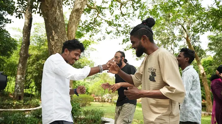 The Earthlore fellows rehearsing; Parvinder Singh (in black T-shirt) is one of the two non-tribal fellows in the band. | Photo Credit: Courtesy Arpo The Earthlore fellows rehearsing; Parvinder Singh (in black T-shirt) is one of the two non-tribal fellows in the band. | Photo Credit: Courtesy Arpo