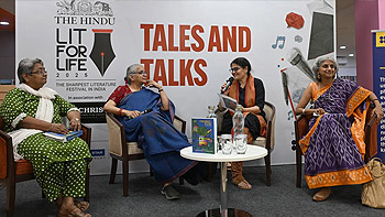 Author Shailaja Menon, journalist-writer Sandhya Rao, Radhika Menon, founder of Tulika Books, and Amrita Patwardhan, who moderated the session, at the event held on Sunday. | Photo Credit: M. VEDHAN Author Shailaja Menon, journalist-writer Sandhya Rao, Radhika Menon, founder of Tulika Books, and Amrita Patwardhan, who moderated the session, at the event held on Sunday. | Photo Credit: M. VEDHAN