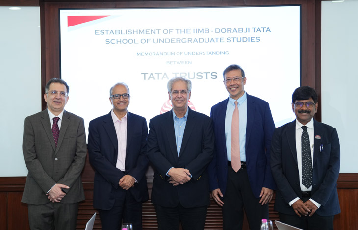 From L to R: Mr Siddharth Sharma, CEO, Tata Trusts; Dr Devi Shetty, Chairman, Board of Governors, IIMB; Mr Noel Tata, Chairman, Tata Trusts; Mr Sonjoy Chatterjee, Member, Board of Governors, IIMB; and Prof. U Dinesh Kumar, Director in-charge, IIMB. From L to R: Mr Siddharth Sharma, CEO, Tata Trusts; Dr Devi Shetty, Chairman, Board of Governors, IIMB; Mr Noel Tata, Chairman, Tata Trusts; Mr Sonjoy Chatterjee, Member, Board of Governors, IIMB; and Prof. U Dinesh Kumar, Director in-charge, IIMB.