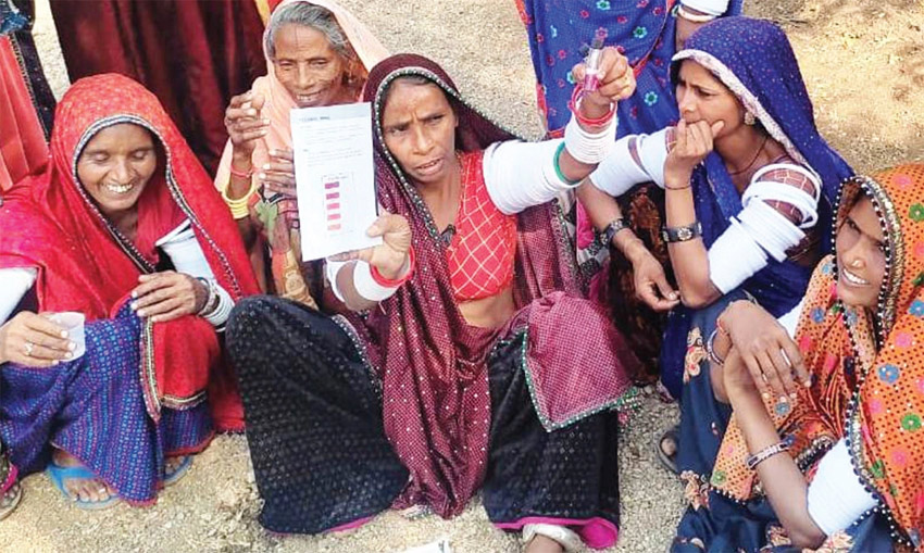 A group of women in Kaldari village in Rajasthan’s Sirohi district at an event to test the water they use for fluoride. The Tata Trusts’ behaviour change campaign encouraged these villagers to use fluoride-free water sources.