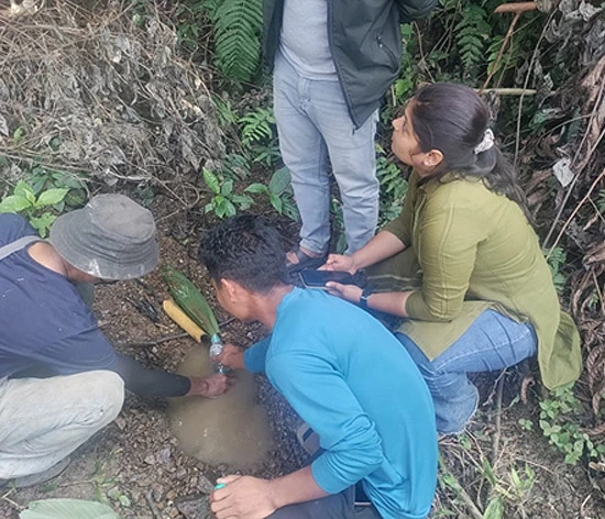 First spring discharge measurement undertaken by the CML team First spring discharge measurement undertaken by the CML team