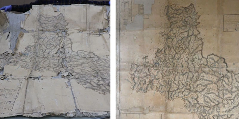 The before and after images of one of the historical maps conserved by the HIMSHACO conservation team.